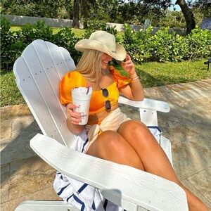 Revolve Bikini Set - Bright Orange Puff-Sleeve Top & Bottom